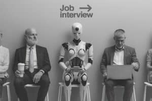 Roboter zwischen zwei Menschen sitzend