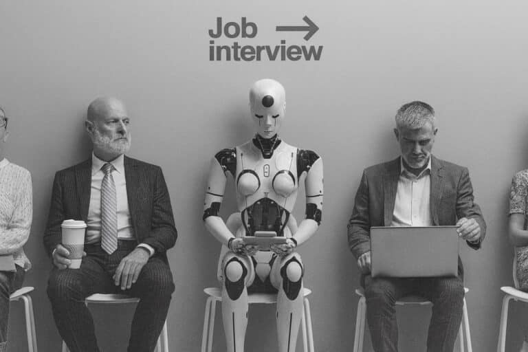 Roboter zwischen zwei Menschen sitzend