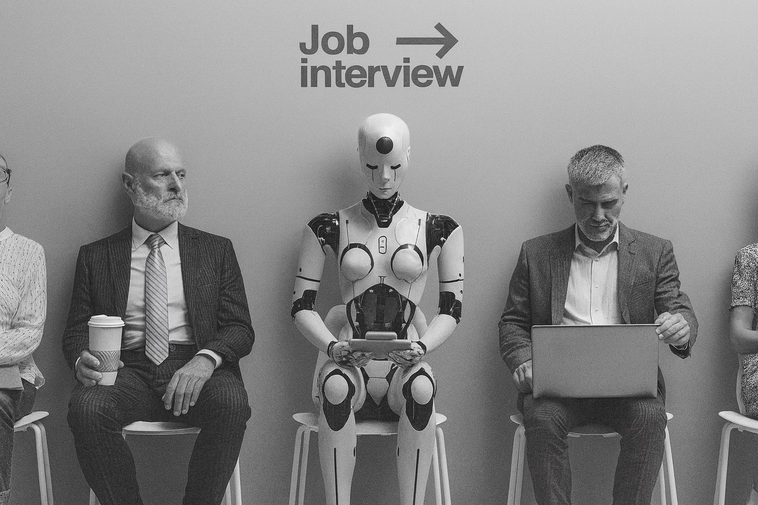 Roboter zwischen zwei Menschen sitzend