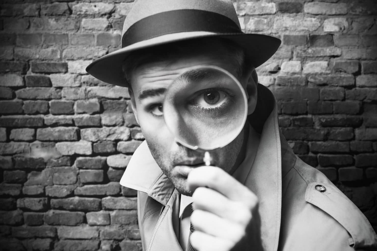 Detektiv schaut durch eine Lupe SW