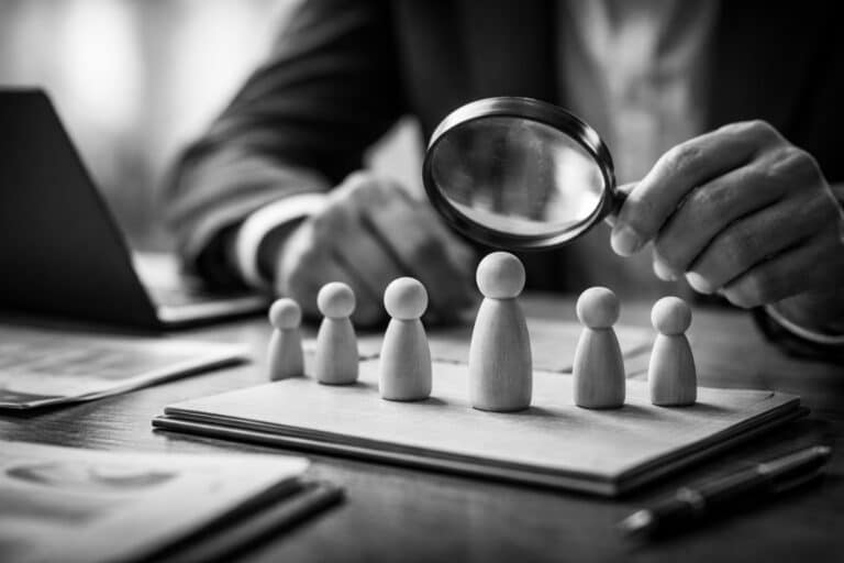 Mensch vor kleinen Holzpüppchen