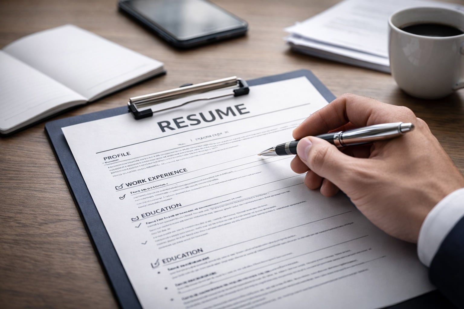 Nahaufnahme eines Lebenslaufs auf einem Schreibtisch mit Büroartikeln und farbigen Markierungen.