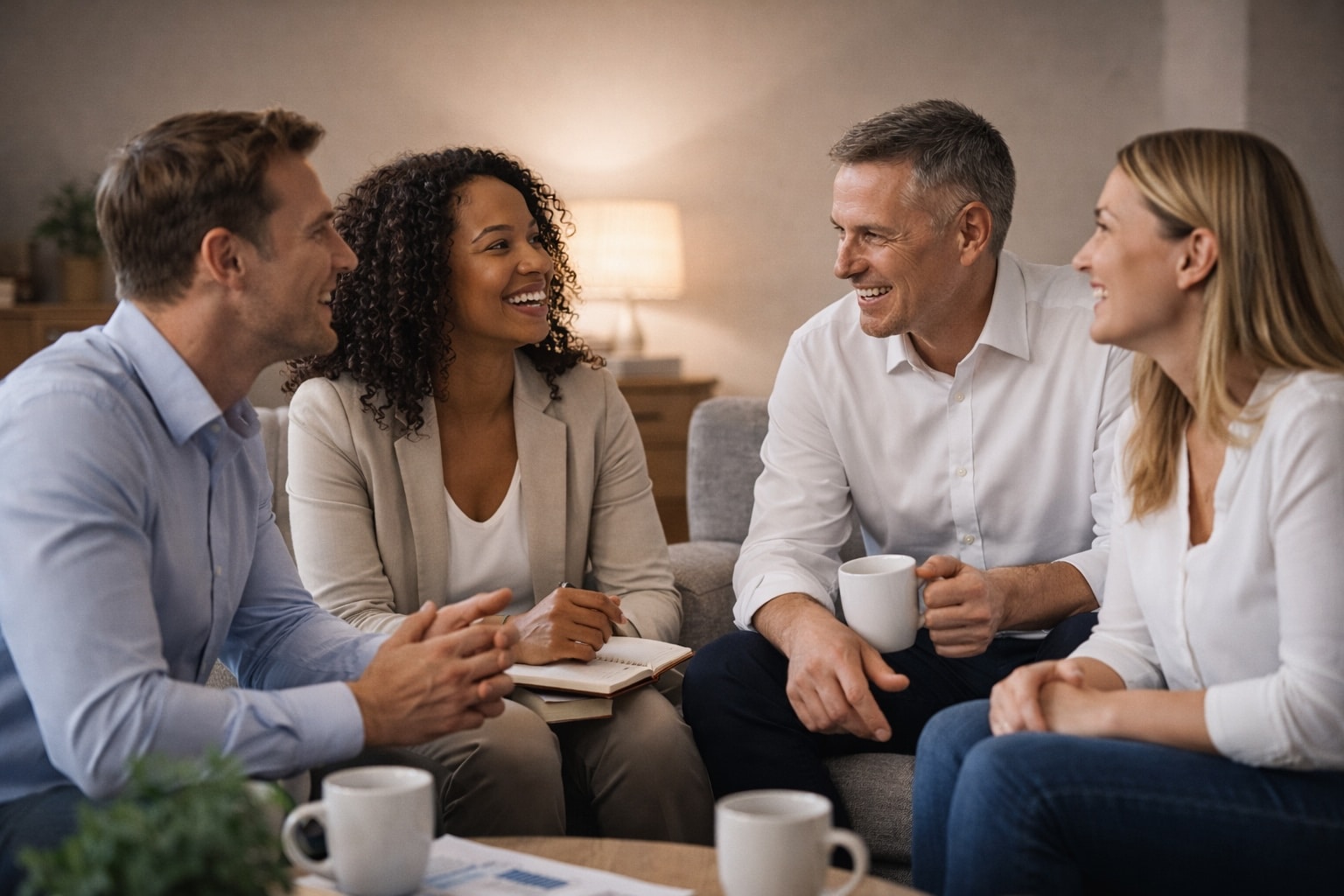 Vier Menschen begrüßen sich in einem Meetingraum mit natürlicher Freude und positiver Körpersprache.