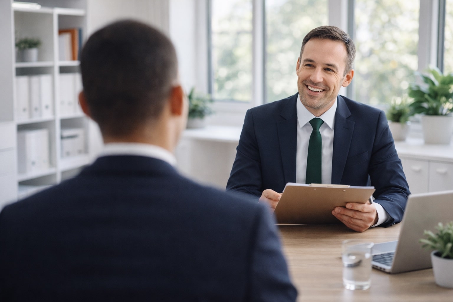 Karriereberatung Online – Bewerber und Gesprächspartner sitzen sich im modernen Büro gegenüber – Vorbereitung auf das Vorstellungsgespräch mit WAIDER Consulting