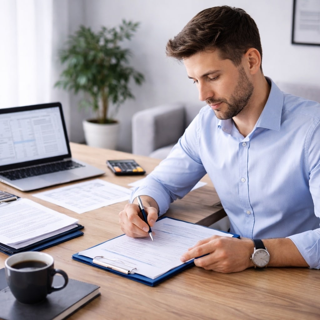 Ein Baufinanzierungsberater bearbeitet einen Finanzierungsantrag.