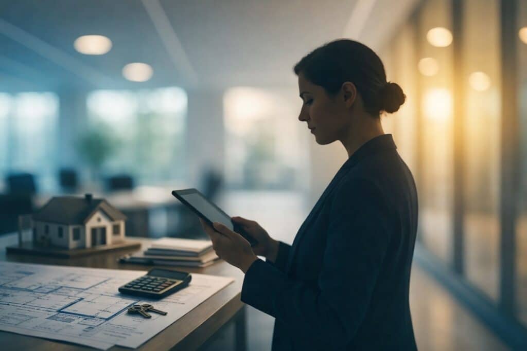 Baufinanzierungsberater werden: Baufinanzierungsberaterin prüft Finanzierungsunterlagen digital in moderner Büroumgebung
