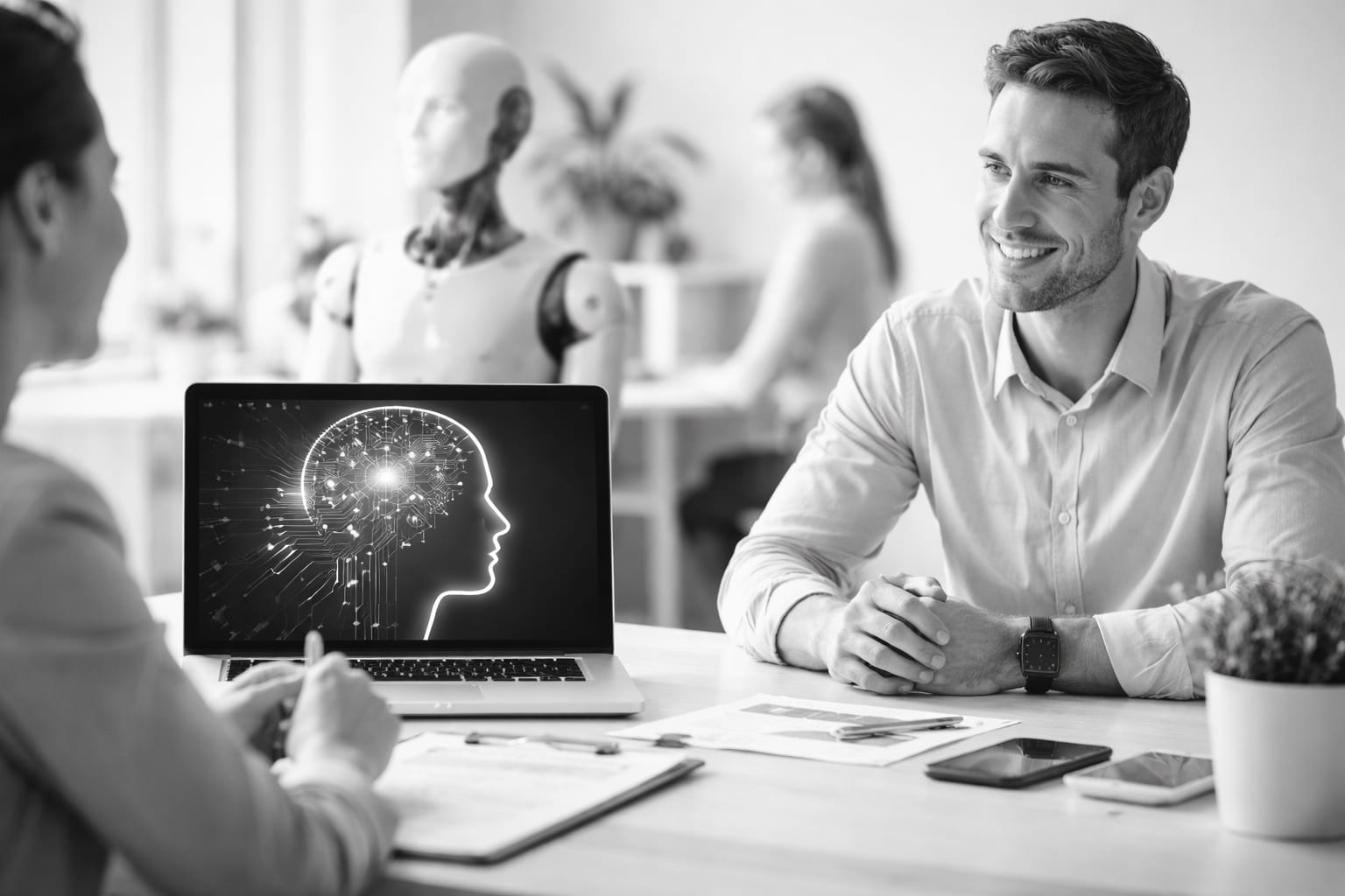 Beratungsgespräch im Recruiting mit KI-Unterstützung am Laptop, schwarz-weiß