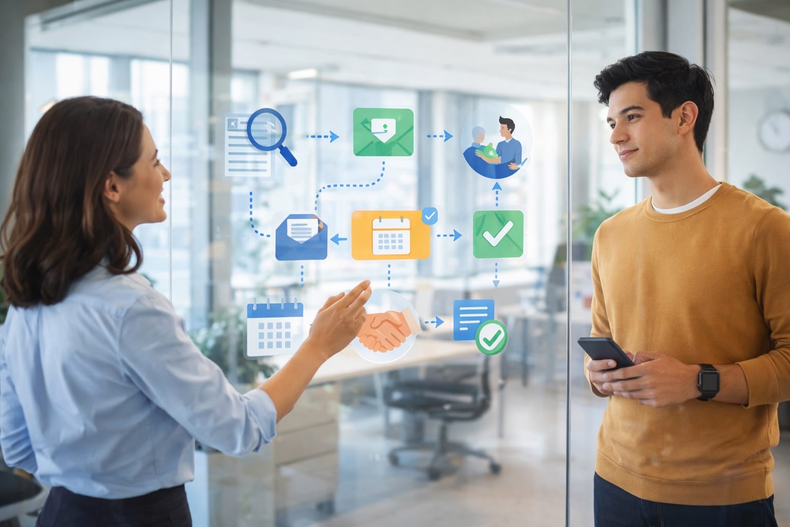 Candidate Experience verbessern - Zwei Menschen vor einer Prozessgrafik aus Glas