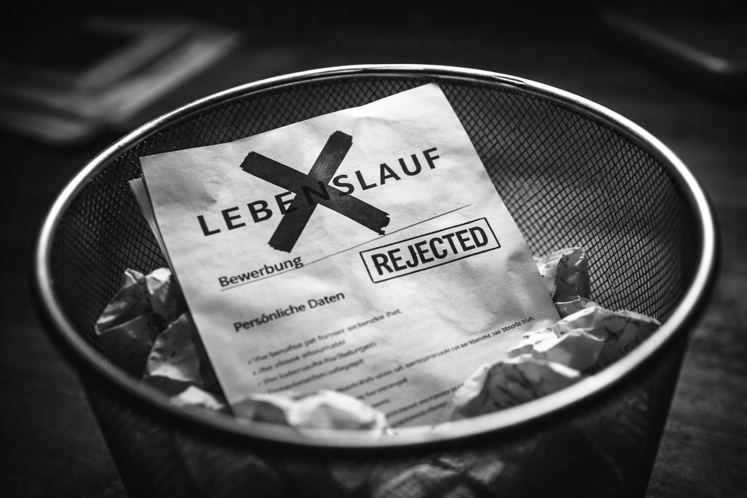 Abgelehnter Lebenslauf liegt zerknüllt in einem Papierkorb – Symbol für den Mythos des perfekten Lebenslaufs im Recruiting