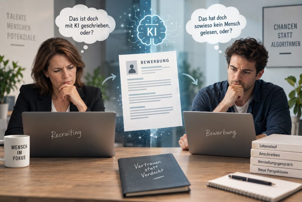 KI im Recruiting: Bewerber und Recruiterin zweifeln, ob im Bewerbungsprozess ein Mensch oder KI beteiligt ist.